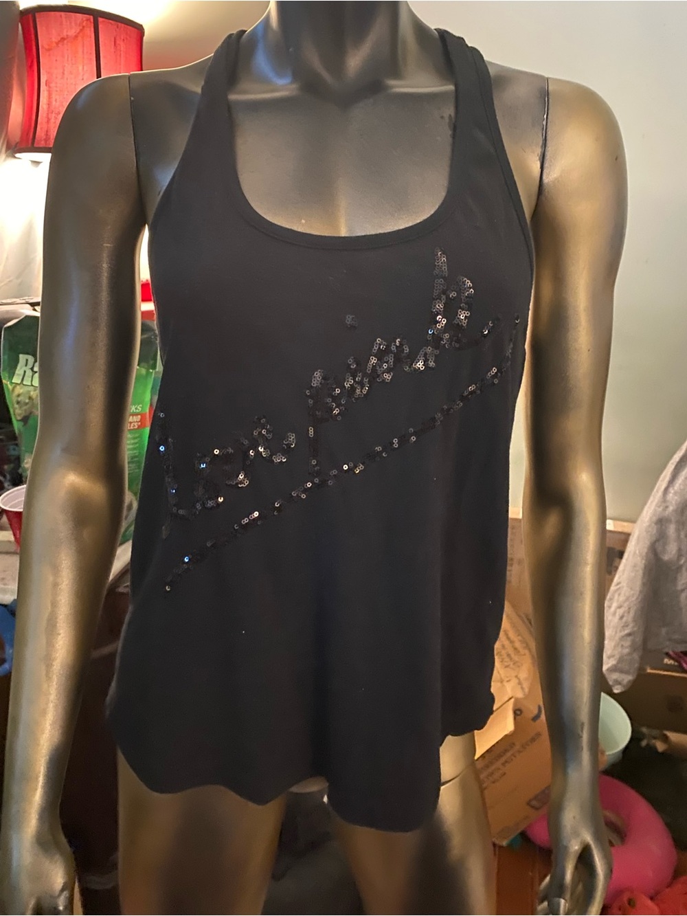 PINK Victoria's Secret Black Sequin Script Racerback Tank